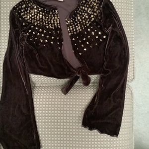 Brown velour crop knot front cardigan with gold sequins
